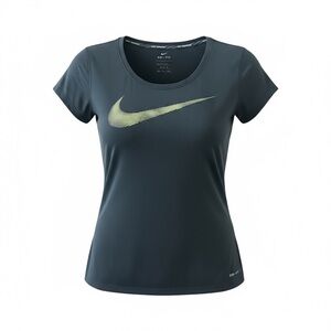 Nike Women's Black Tee with Neon Green Swoosh - Size M